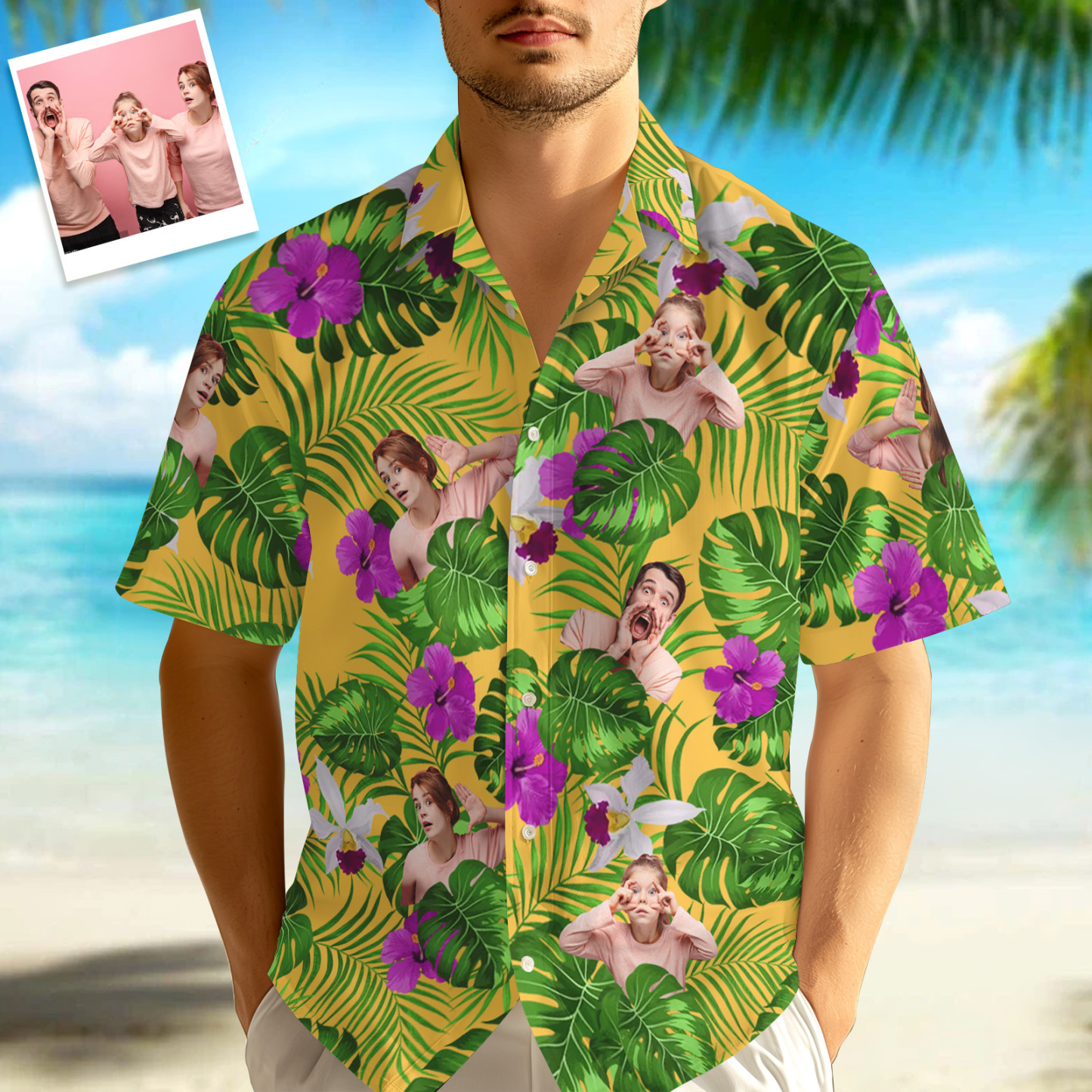 Custom Photo Tropical Style Hawaii Shirt, 1-3 Photos Optional, Bright Hawaiian Button-down Shirt - FaceBoxerUK
