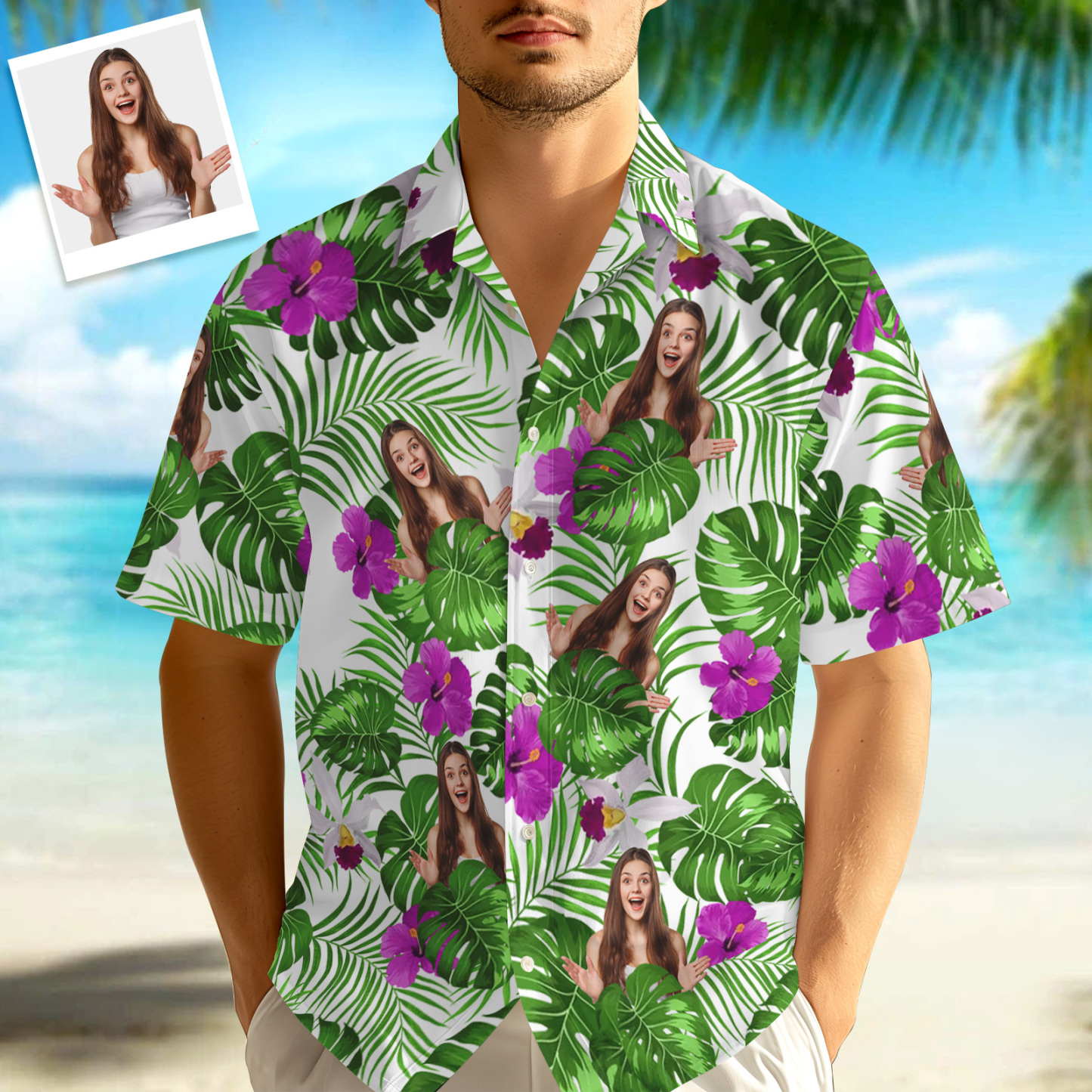 Custom Photo Tropical Style Hawaii Shirt, 1-3 Photos Optional, Bright Hawaiian Button-down Shirt - FaceBoxerUK