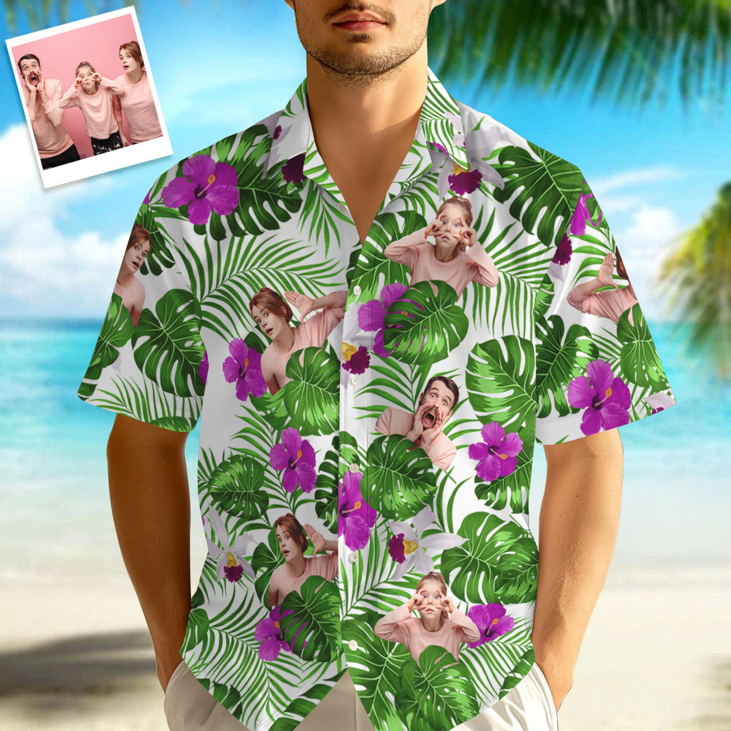 Custom Photo Tropical Style Hawaii Shirt, 1-3 Photos Optional, Bright Hawaiian Button-down Shirt - FaceBoxerUK