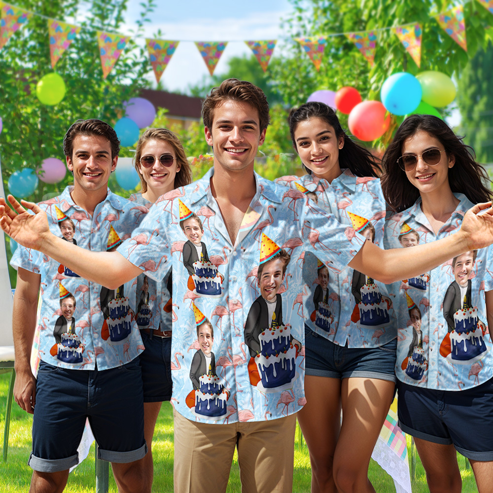 Custom Cartoon Birthday Button-down Shirts With Flamingo & Cake Birthday Gift For Him - FaceBoxerUK