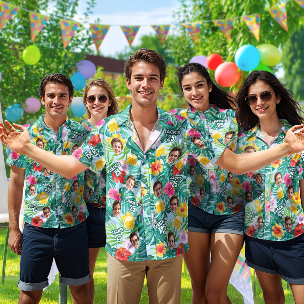 Custom Photo Birthday Shirt Personalized Tropical Plants & Beer Hawaiian Shirts With Age & Name Gift For Birthday - FaceBoxerUK