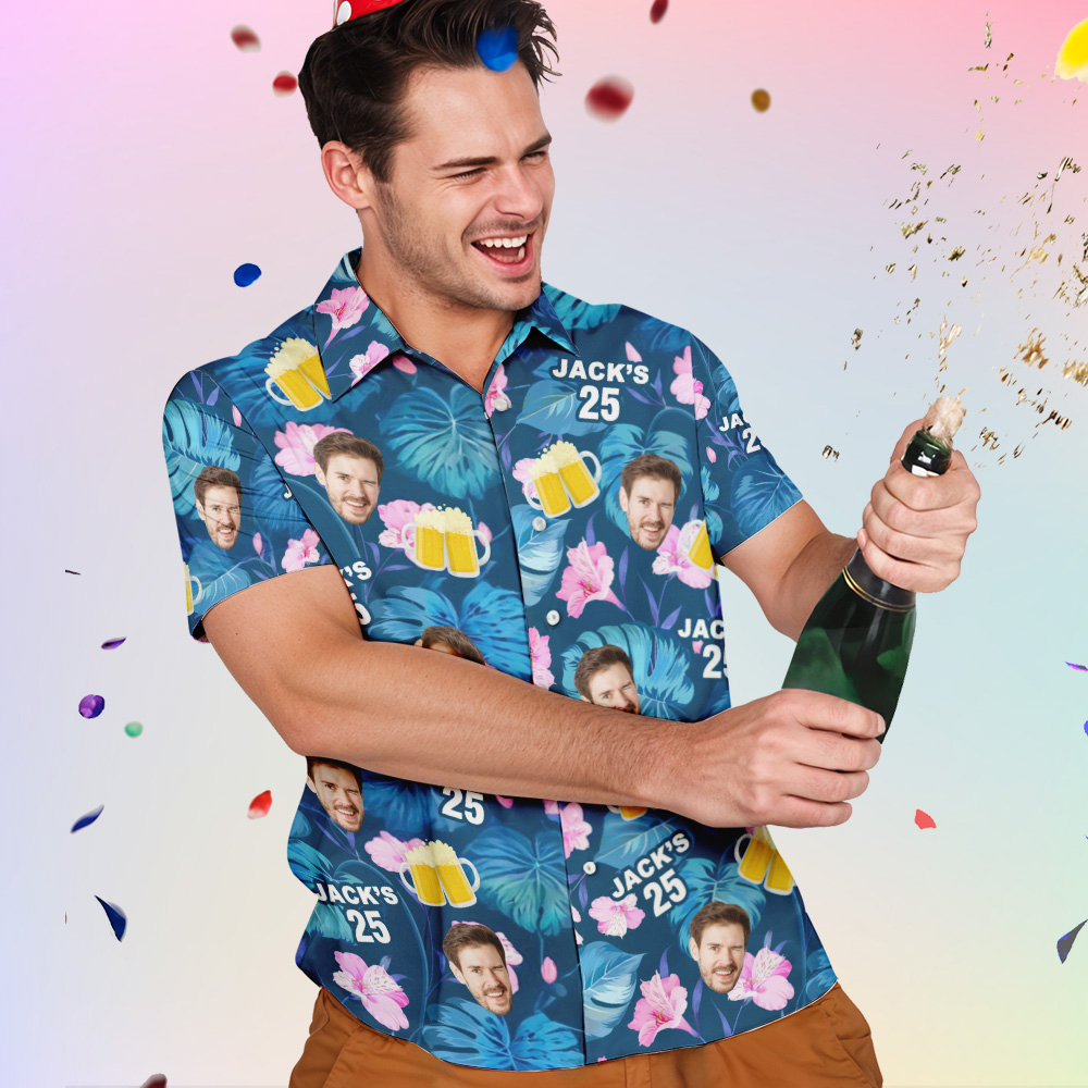 Custom Photo Birthday Shirt Personalized Tropical Plants & Beer Hawaiian Shirts With Age & Name Gift For Birthday - FaceBoxerUK