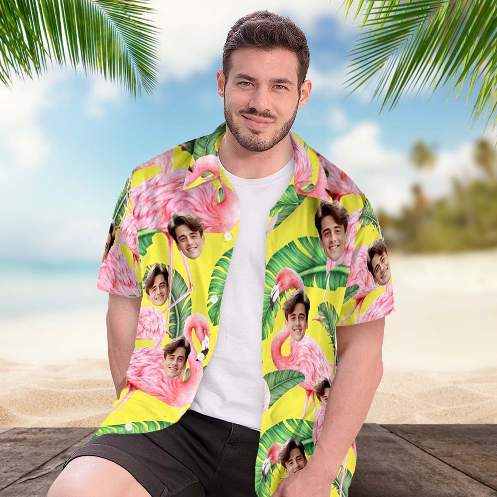 Colorful Flamingo Aloha Beach Shirt Custom Face Hawaiian Shirts - Yellow - FaceBoxerUK