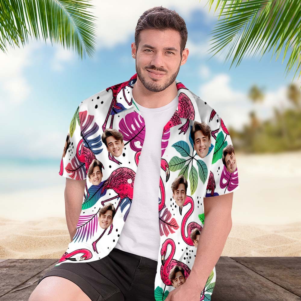 Custom Hawaiian Shirts With Face Colorful Flamingo Aloha Beach Shirt  - White - FaceBoxerUK