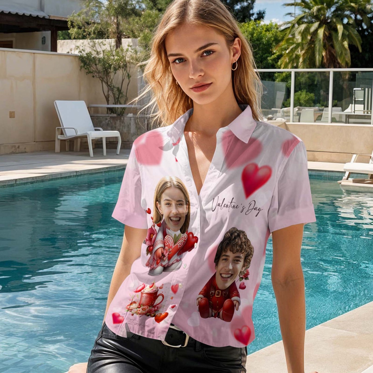 Custom Face Hawaiian Shirt Pink Valentine Button-down Shirt Gift For Couple - FaceBoxerUK