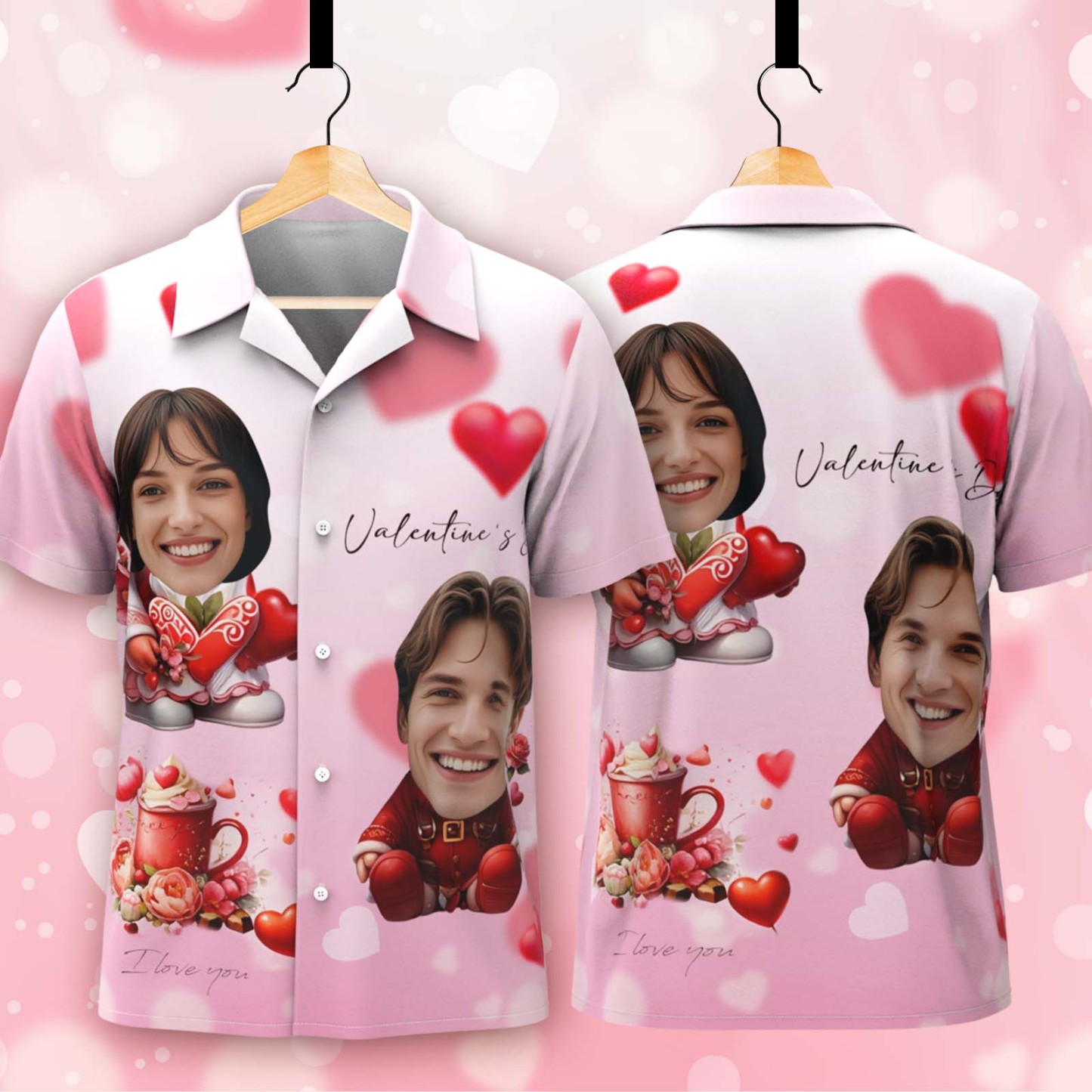 Custom Face Hawaiian Shirt Pink Valentine Button-down Shirt Gift For Couple - FaceBoxerUK