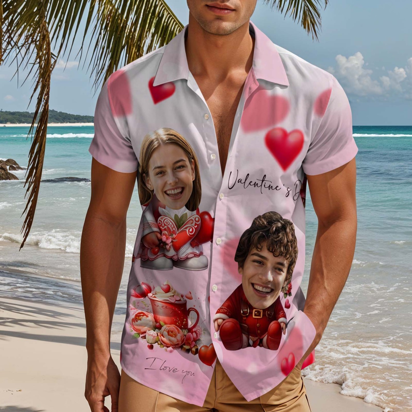 Custom Face Hawaiian Shirt Pink Valentine Button-down Shirt Gift For Couple - FaceBoxerUK