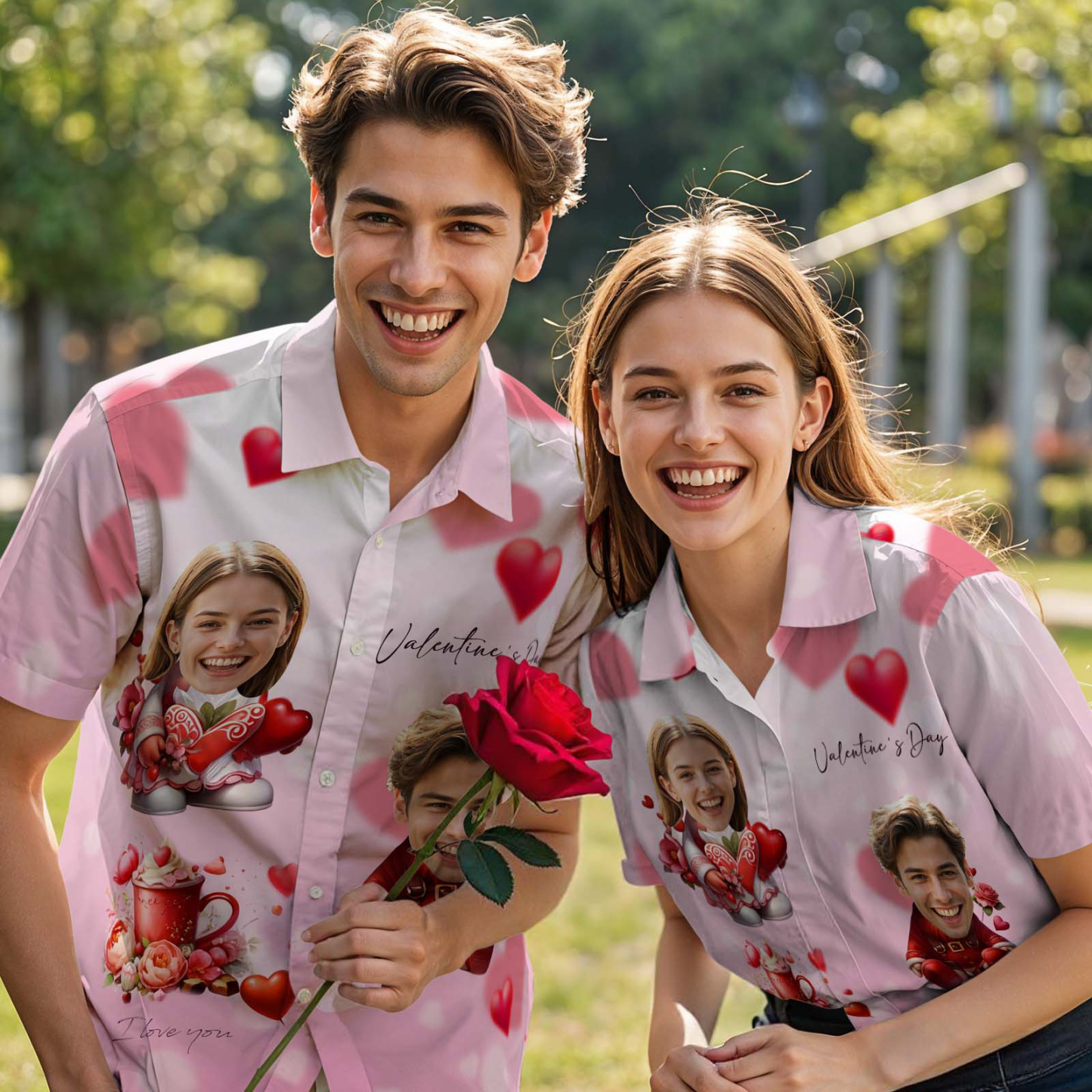 Custom Face Hawaiian Shirt Pink Valentine Button-down Shirt Gift For Couple - FaceBoxerUK