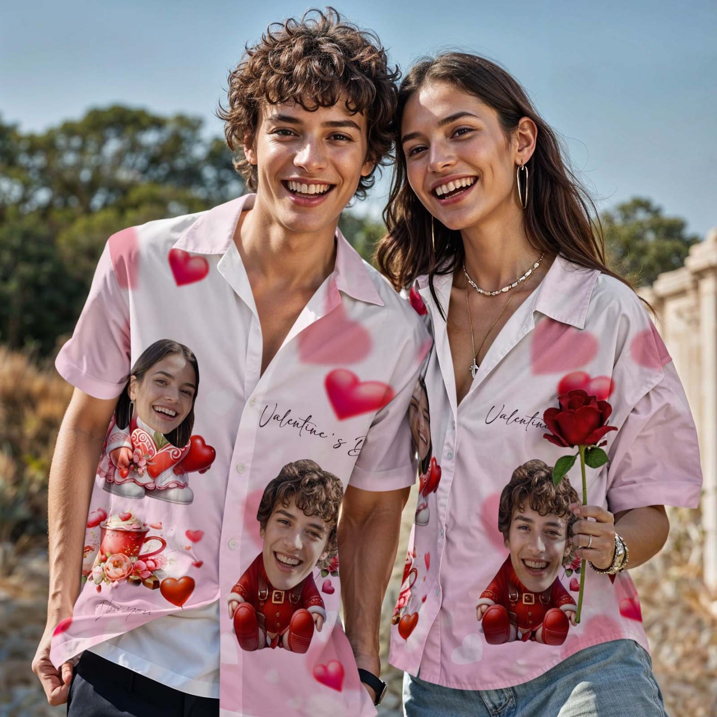 Custom Face Hawaiian Shirt Pink Valentine Button-down Shirt Gift For Couple - FaceBoxerUK