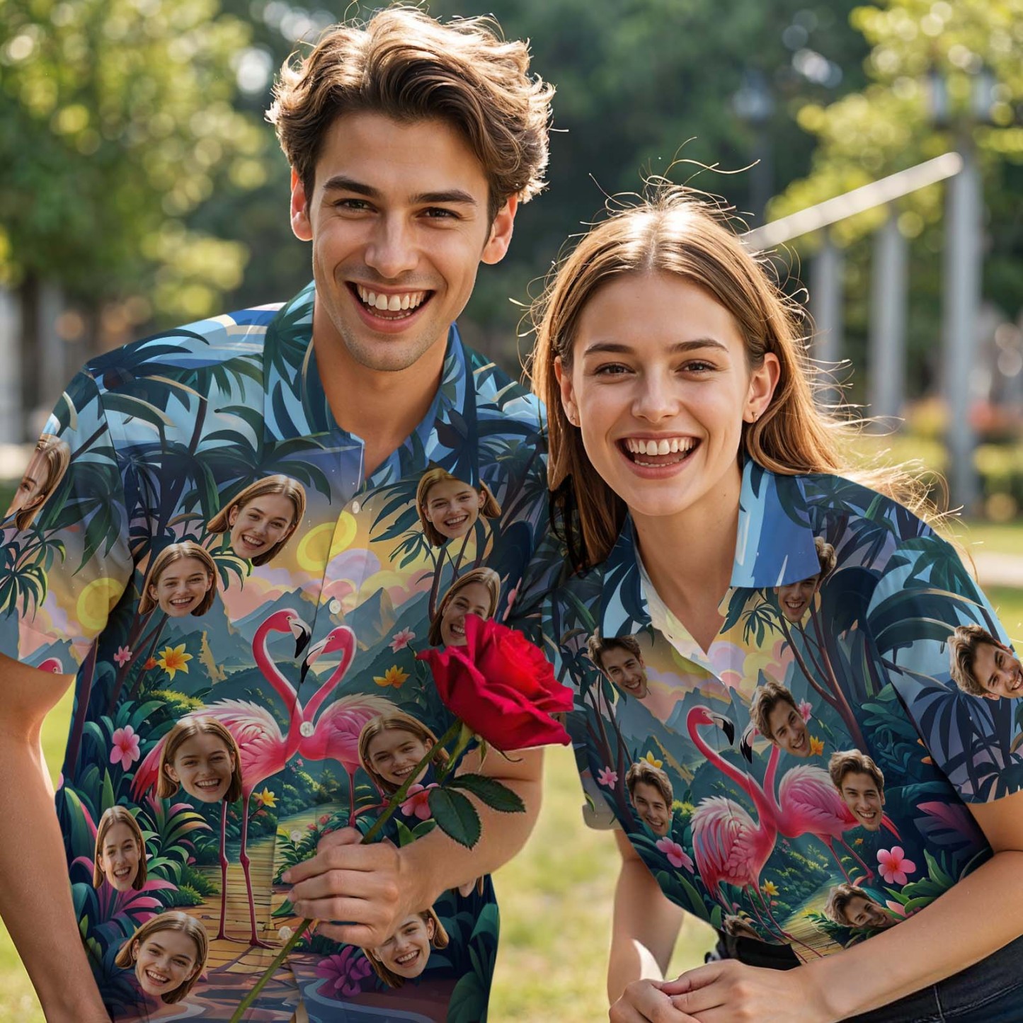 Custom Face Hawaiian Shirt Flamingo Tropical Style Shirt Valentine Button-down Shirt For Couple - FaceBoxerUK
