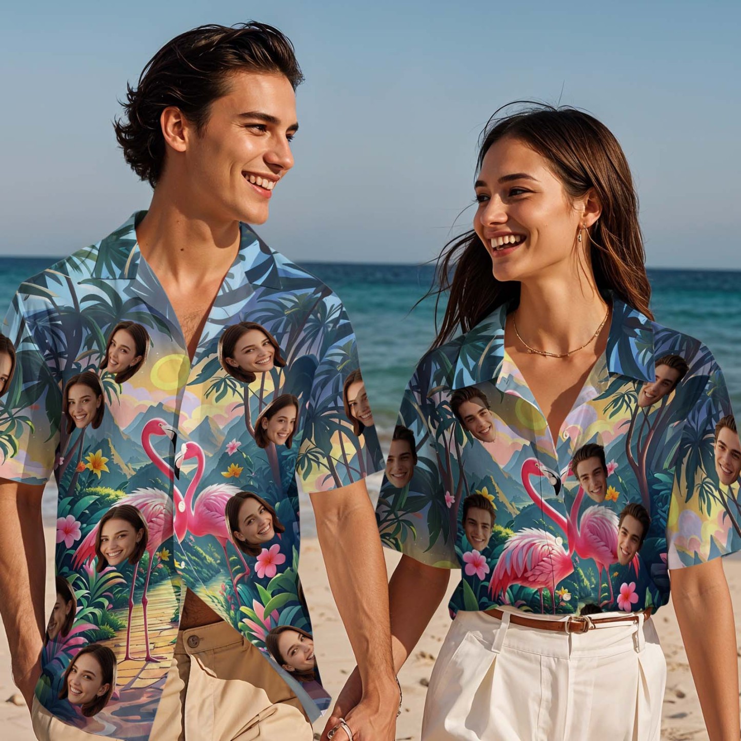 Custom Face Hawaiian Shirt Flamingo Tropical Style Shirt Valentine Button-down Shirt For Couple - FaceBoxerUK