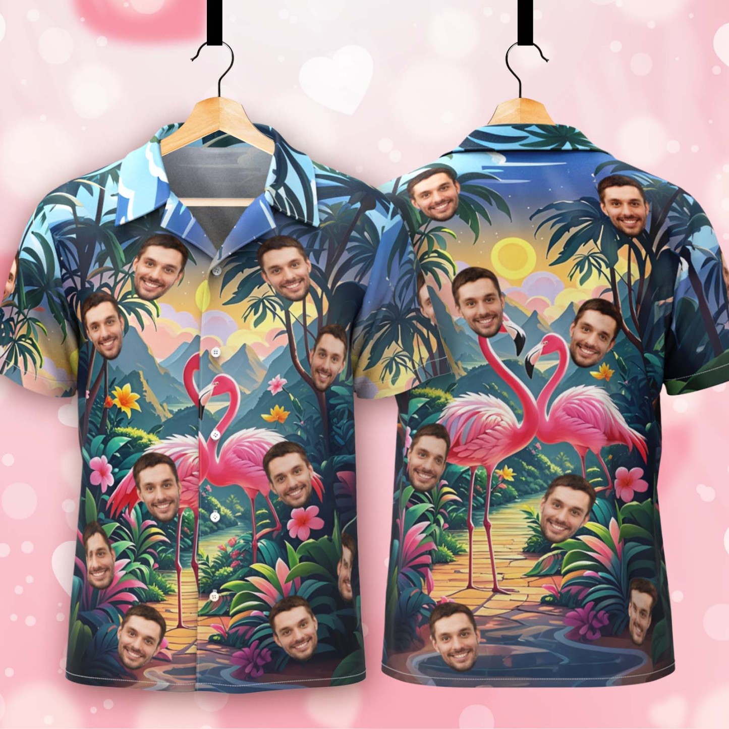 Custom Face Hawaiian Shirt Flamingo Tropical Style Shirt Valentine Button-down Shirt For Couple - FaceBoxerUK