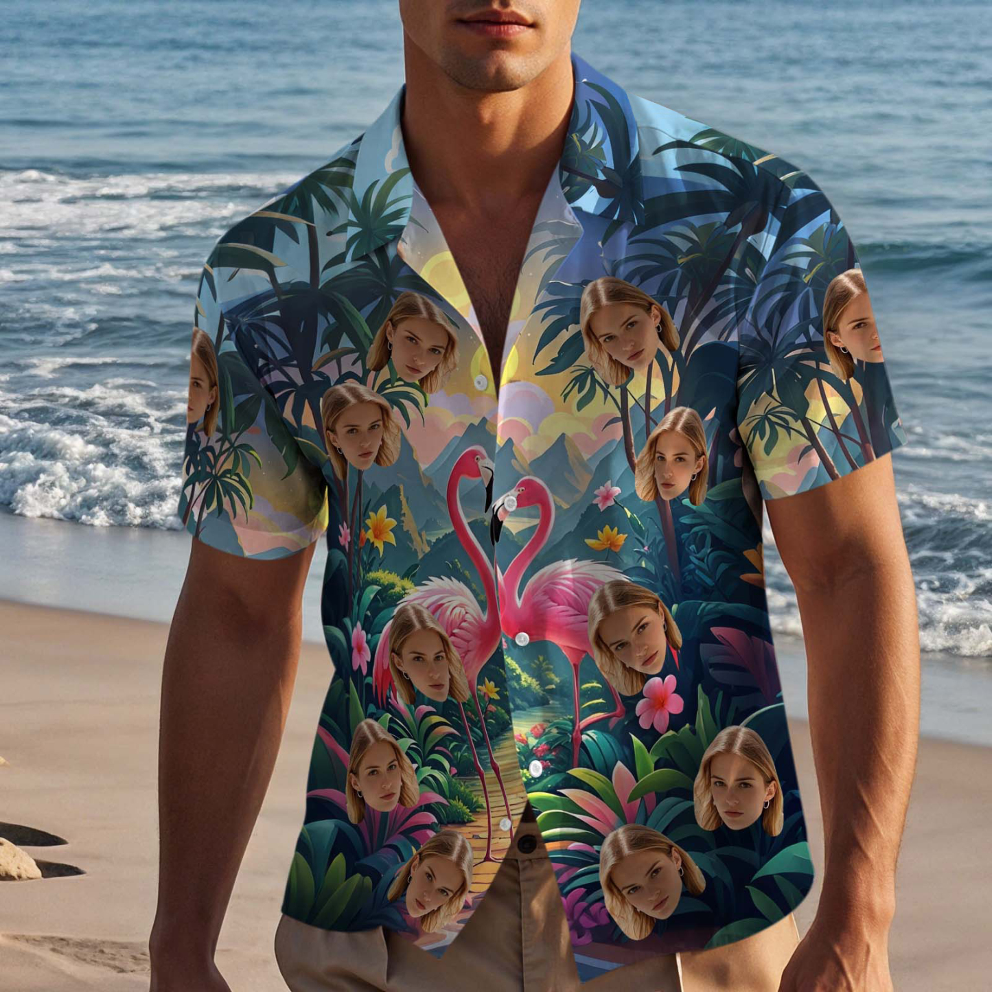 Custom Face Hawaiian Shirt Flamingo Tropical Style Shirt Valentine Button-down Shirt For Couple - FaceBoxerUK