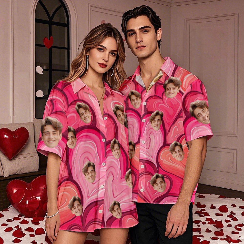 Custom Couple Hawaiian Pink Heart Shirt Face Button-down Shirt Gifts For Couple - FaceBoxerUK