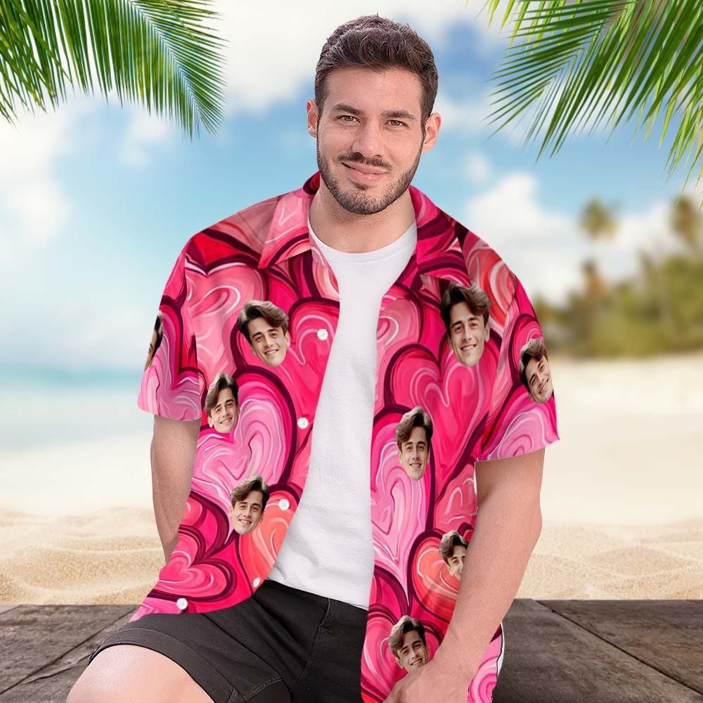 Custom Couple Hawaiian Pink Heart Shirt Face Button-down Shirt Gifts For Couple - FaceBoxerUK