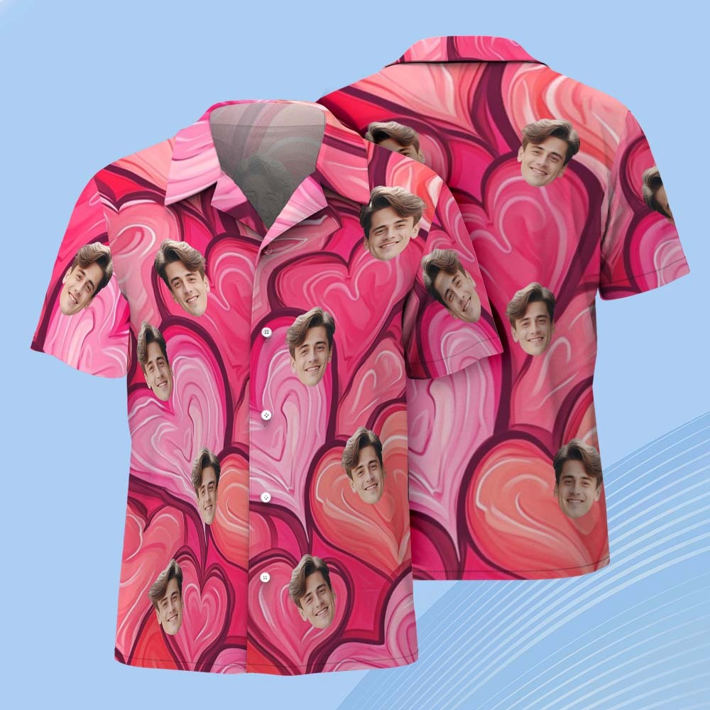 Custom Couple Hawaiian Pink Heart Shirt Face Button-down Shirt Gifts For Couple - FaceBoxerUK
