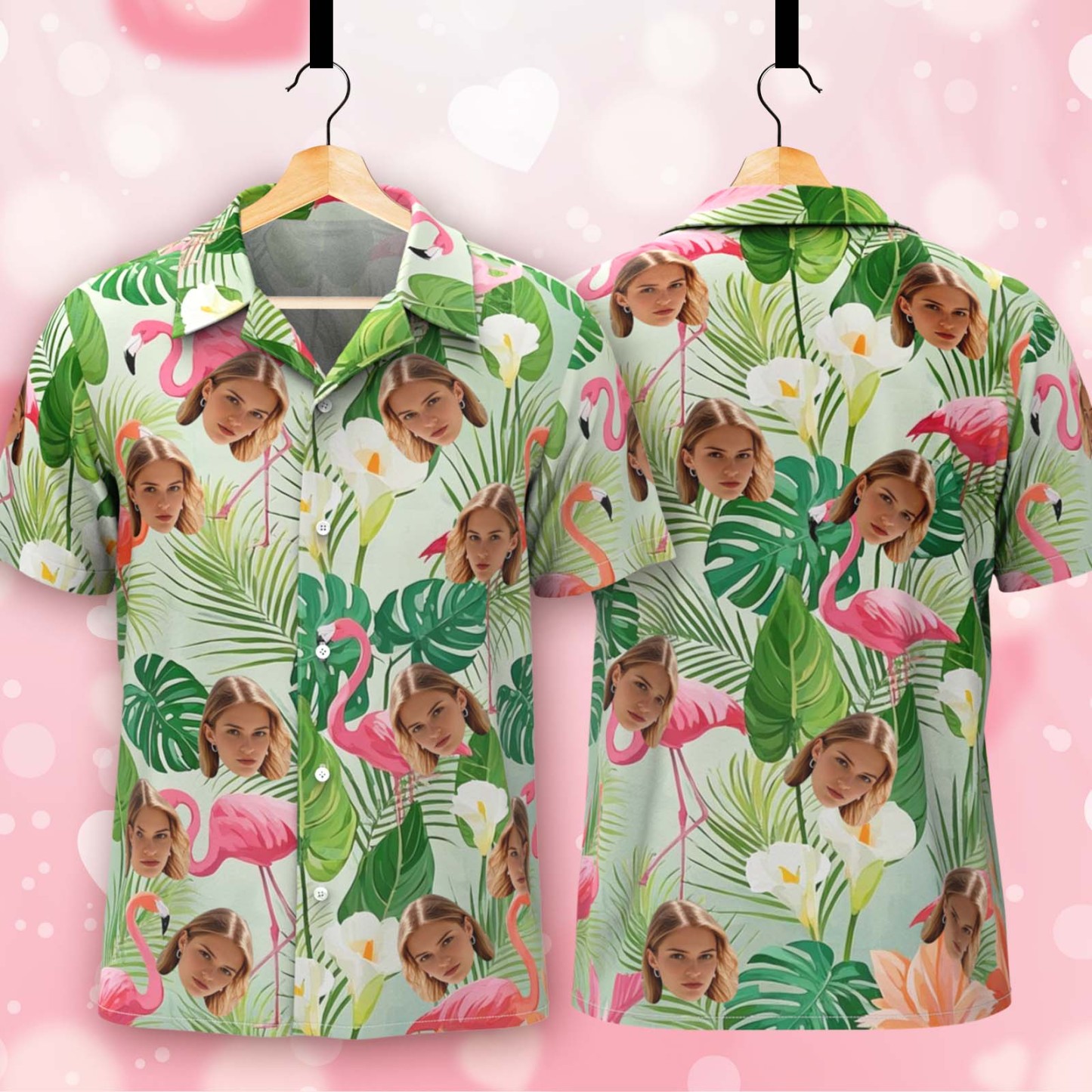 Custom Flamingo Hawaiian Shirts Face Colorful Aloha Beach Shirt For Men - Light Green - FaceBoxerUK
