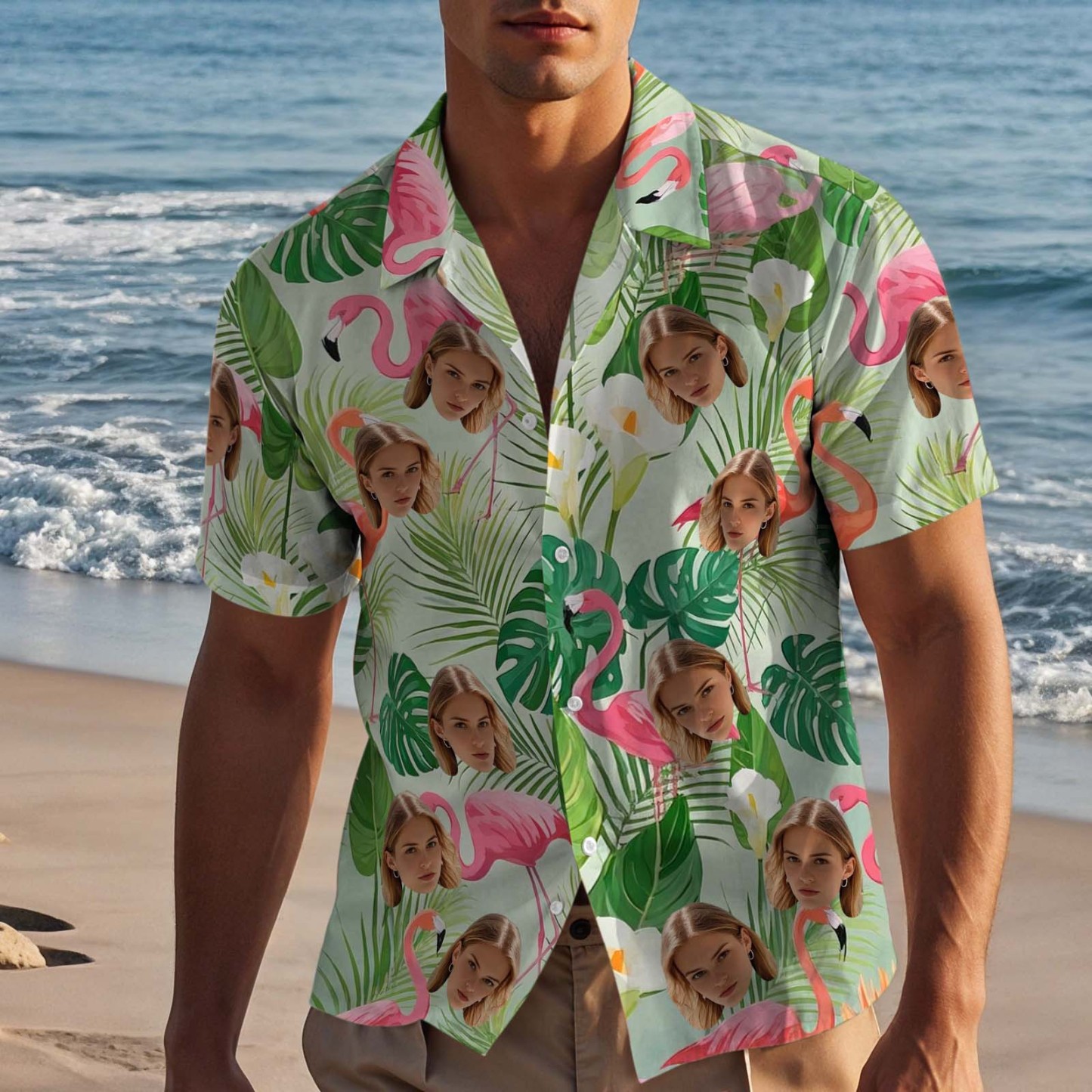 Custom Flamingo Hawaiian Shirts Face Colorful Aloha Beach Shirt For Men - Light Green - FaceBoxerUK