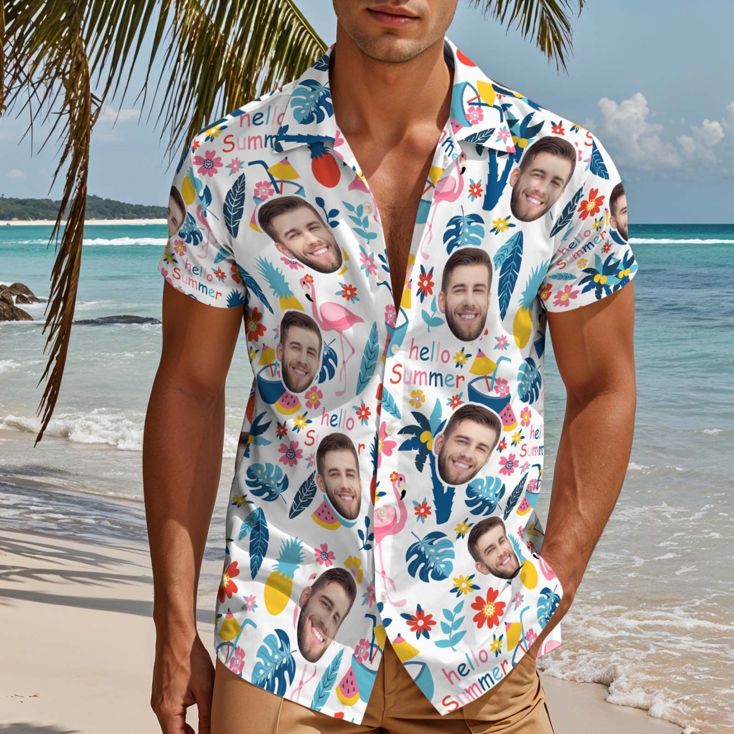 Custom Hawaiian Shirts WIth Face Men Aloha Shirts Cute Tropical Plants & Flamingos Shirts For Him - FaceBoxerUK