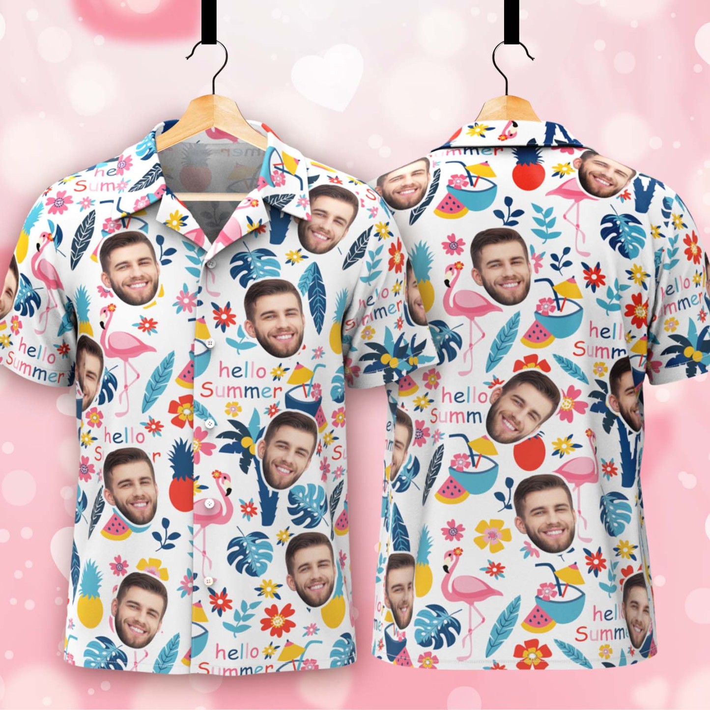 Custom Hawaiian Shirts WIth Face Men Aloha Shirts Cute Tropical Plants & Flamingos Shirts For Him - FaceBoxerUK