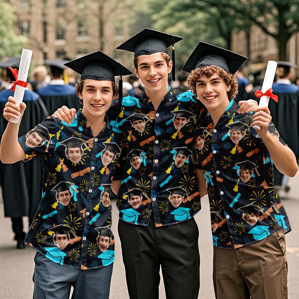 Custom Graduation Hawaiian Shirt Fireworks & Cap Design with Face Photo - FaceBoxerUK