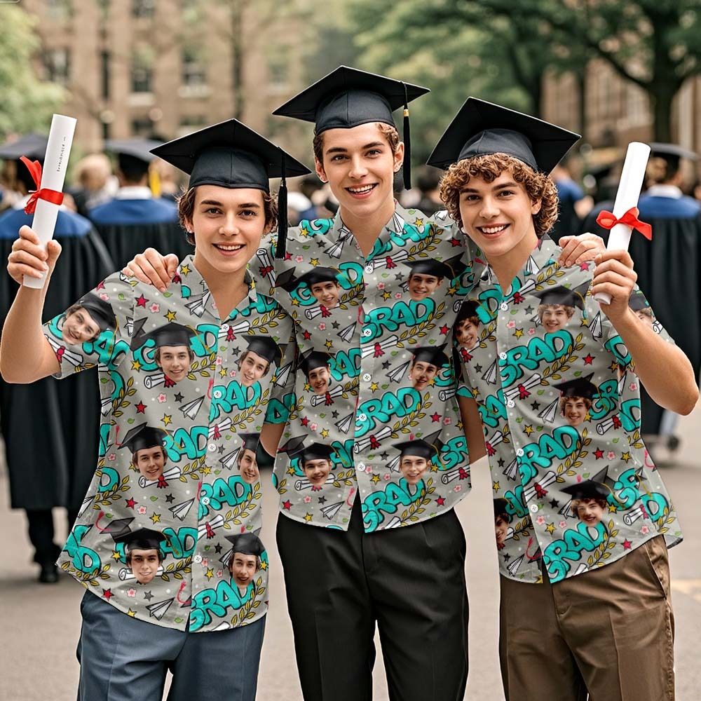 Custom Hawaiian Shirts Personalized Grad-Themed Aloha Shirt – Doodles & Face All-Over Print - FaceBoxerUK