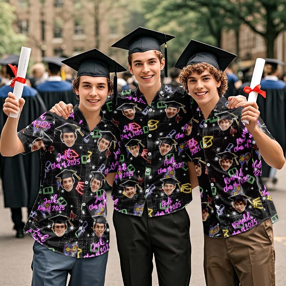 Class of 2025 Custom Hawaiian Shirt Neon Graduation Print with Name & Face - FaceBoxerUK