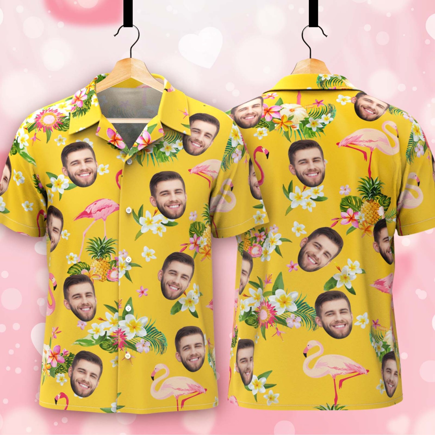 Custom Hawaiian Shirts Face Tropical Plants & Flamingos Aloha Shirt For Him - Yellow - FaceBoxerUK