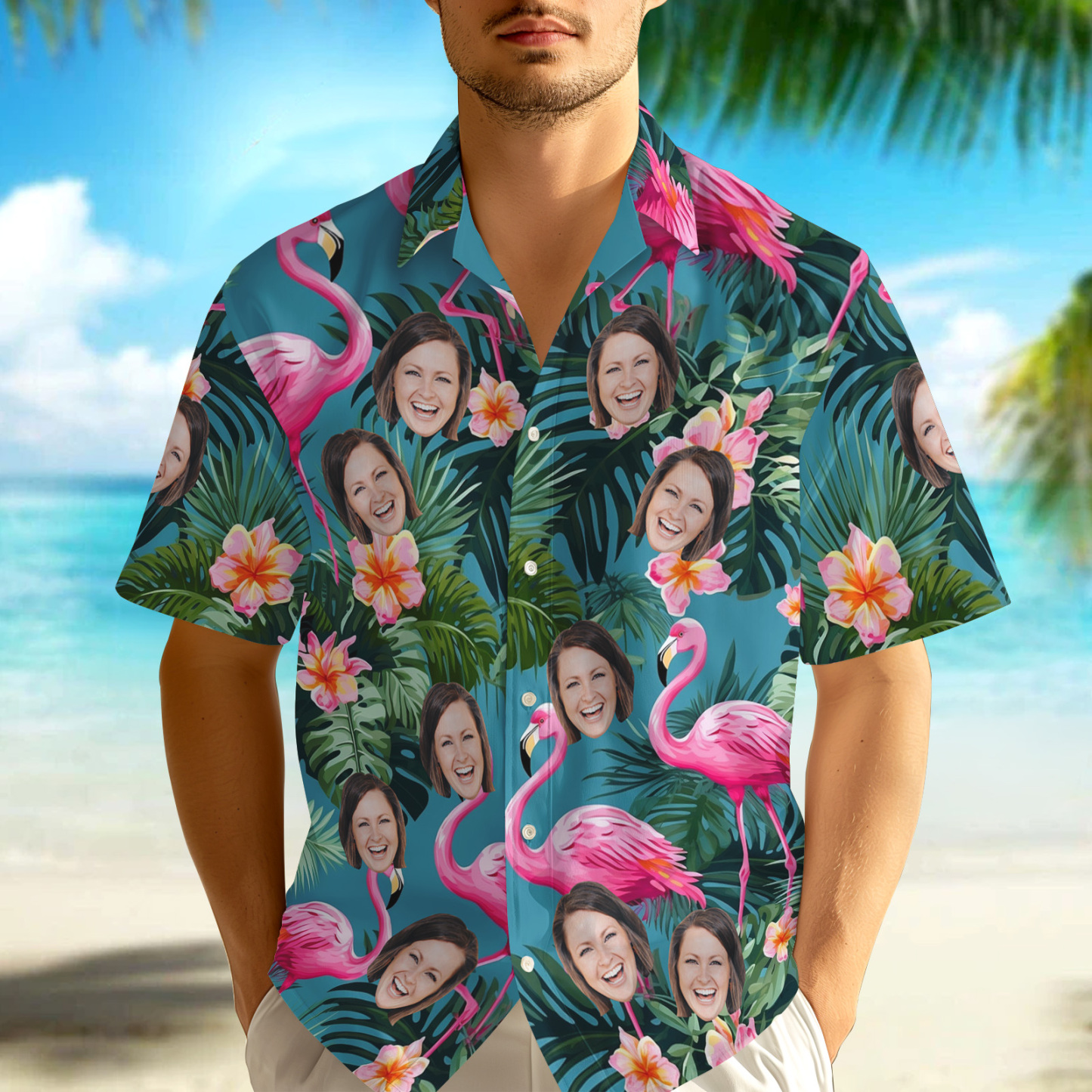 Custom Face Pink Flower Hawaiian Shirt Personalised Pink Flamingo Pattern Hawaiian Shirt Gift For Him - FaceBoxerUK