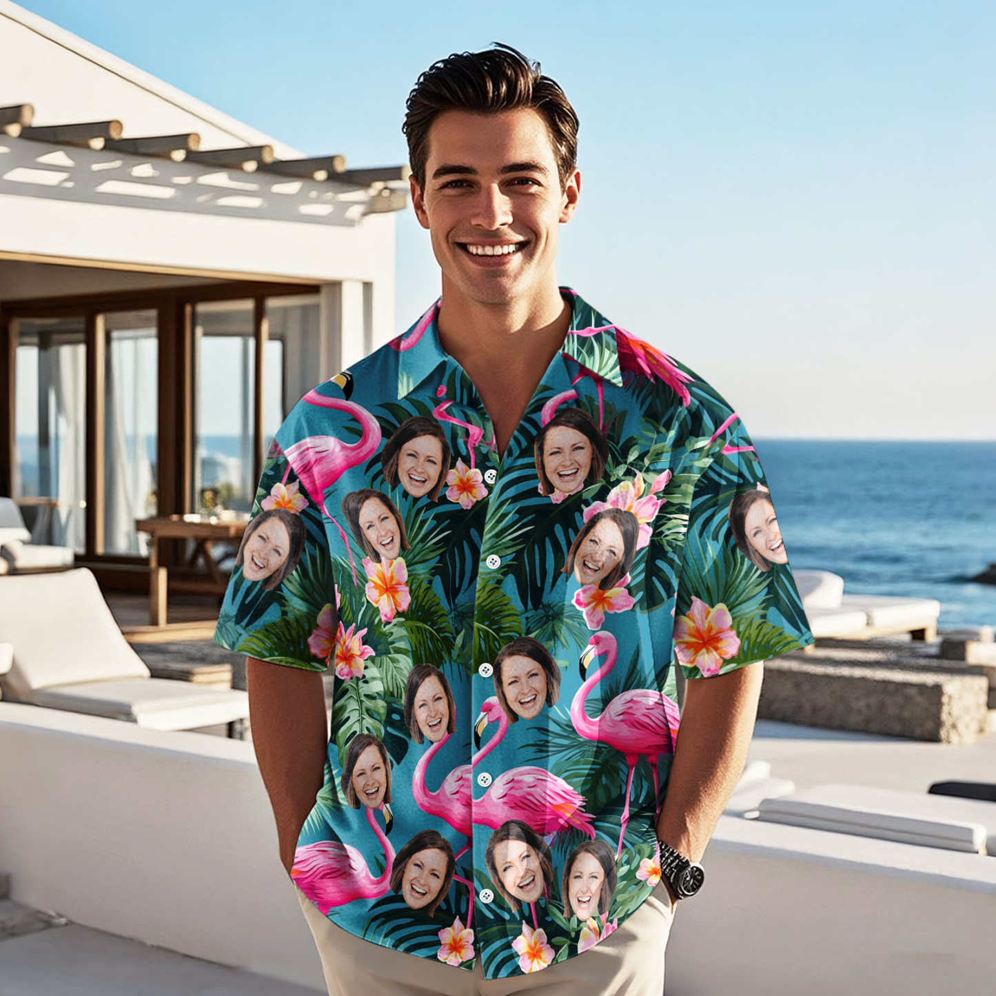 Custom Face Pink Flower Hawaiian Shirt Personalised Pink Flamingo Pattern Hawaiian Shirt Gift For Him - FaceBoxerUK