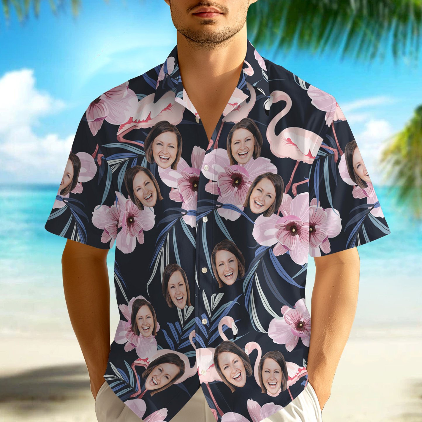 Custom Face Pink Flower Hawaiian Shirt Personalised Pink Flamingo Pattern Hawaiian Shirt Gift For Him - FaceBoxerUK