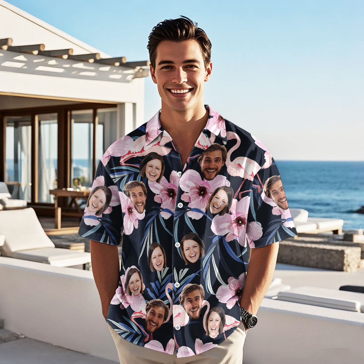 Custom Face Pink Flower Hawaiian Shirt Personalised Pink Flamingo Pattern Hawaiian Shirt Gift For Him - FaceBoxerUK