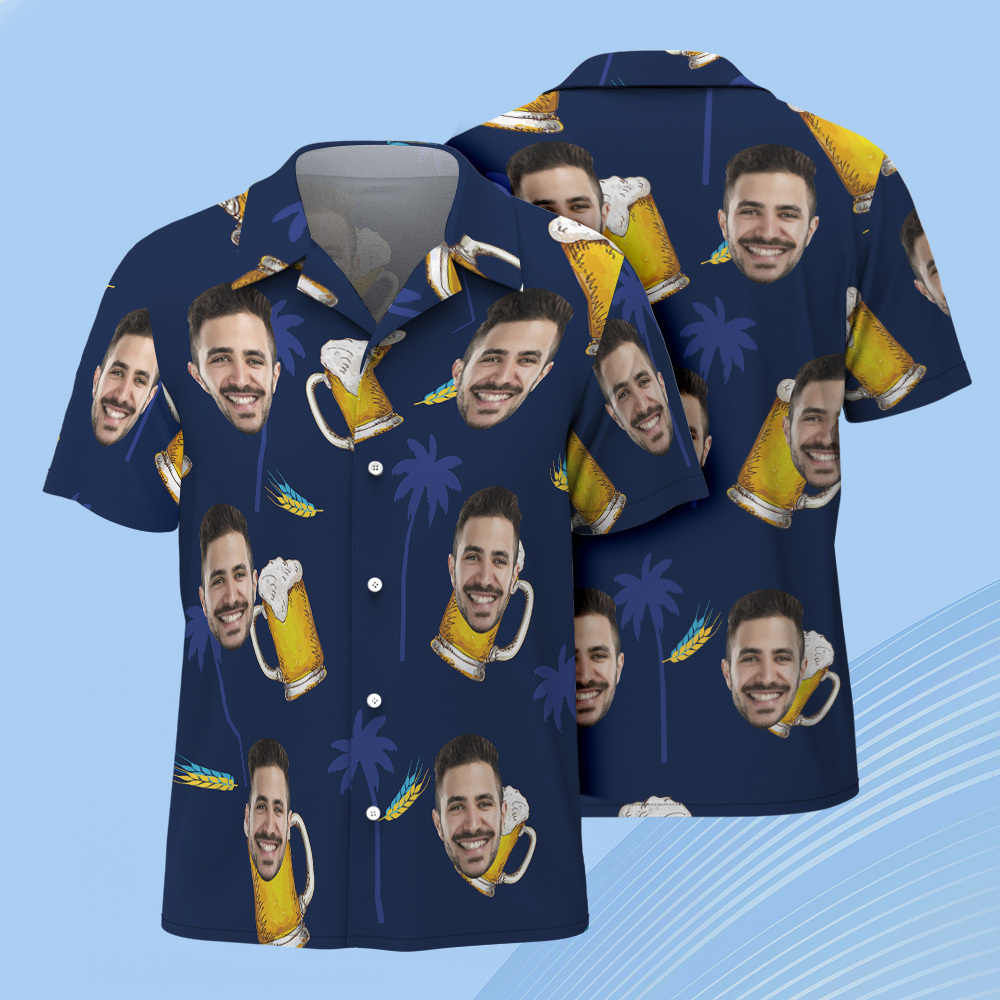 Custom Face Hawaiian Shirt Navy Blue with Beer Design Funny Vacation Style Men Shirt - FaceBoxerUK