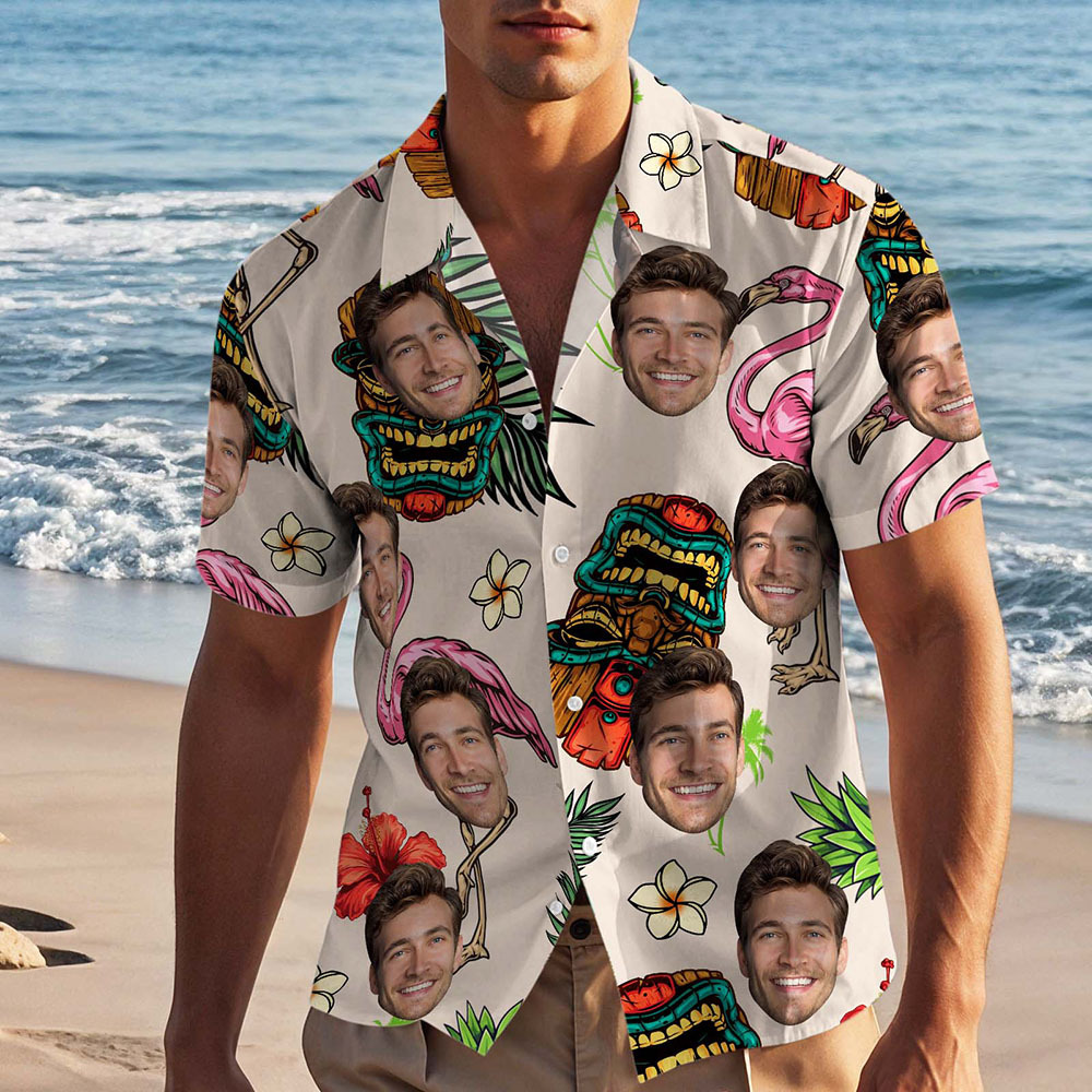Custom Face Hawaiian Shirt White with Tropical Icons Tiki & Flamingo Fun Personalized Beach Look - FaceBoxerUK