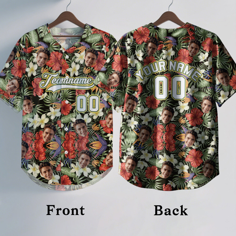 Custom Hawaiian Baseball Jersey with Face Teamname Name Number Personalized Hawaii Floral Shirt for Men Women - FaceBoxerUK