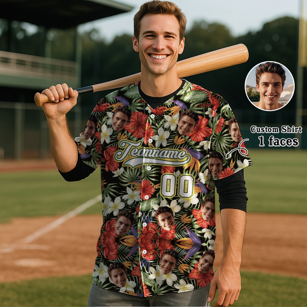 Custom Hawaiian Baseball Jersey with Face Teamname Name Number Personalized Hawaii Floral Shirt for Men Women - FaceBoxerUK