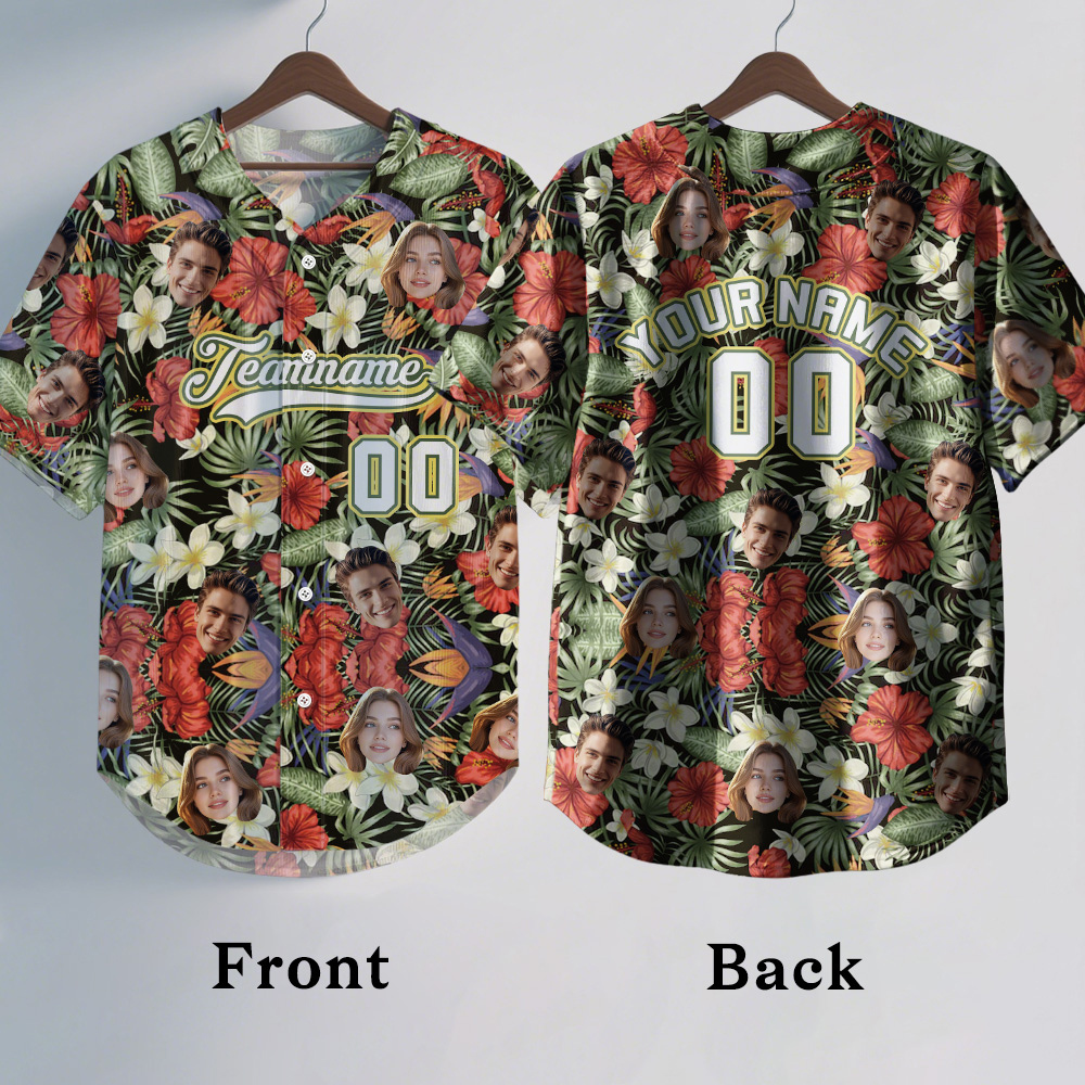 Custom Hawaiian Baseball Jersey with Face Teamname Name Number Personalized Hawaii Floral Shirt for Men Women - FaceBoxerUK