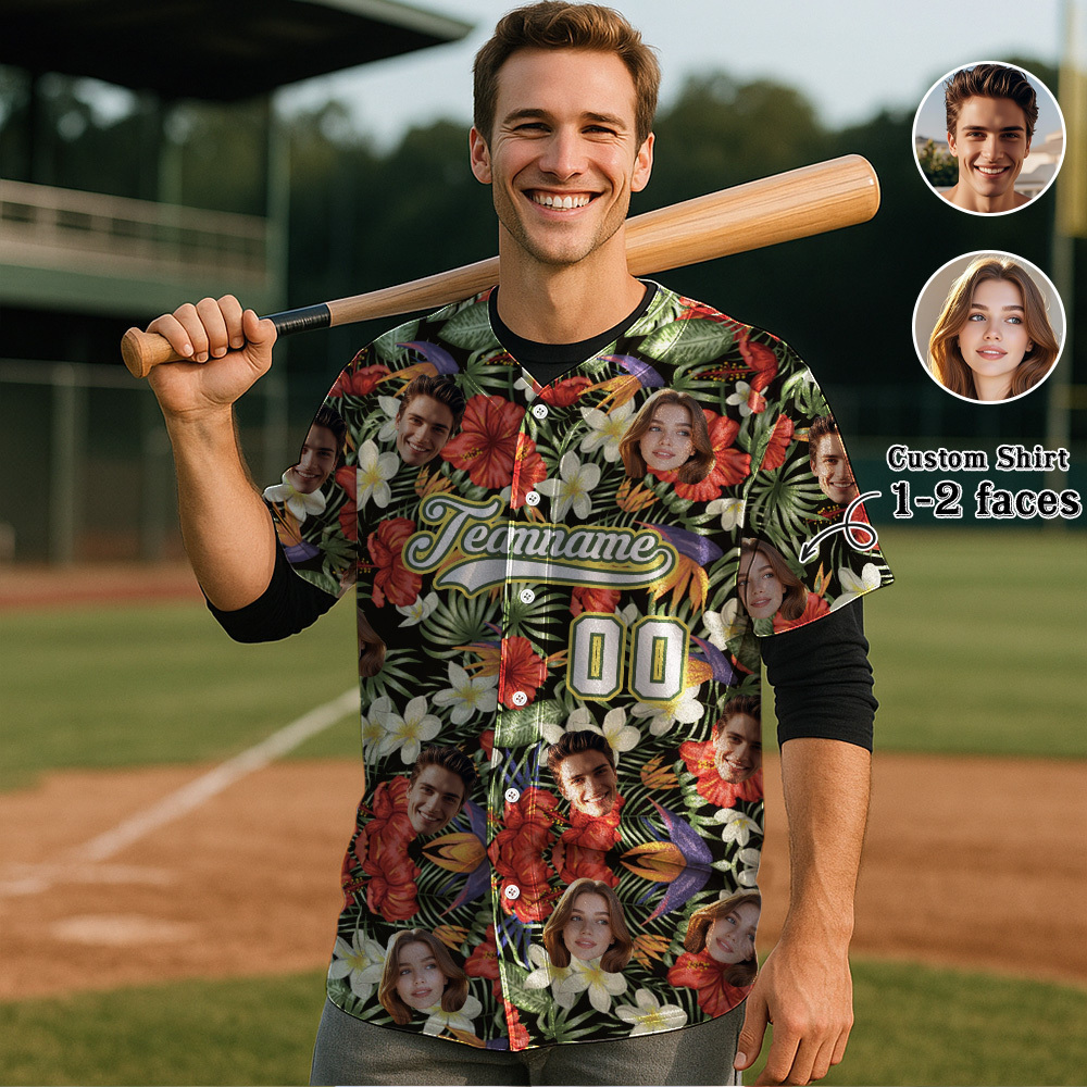 Custom Hawaiian Baseball Jersey with Face Teamname Name Number Personalized Hawaii Floral Shirt for Men Women - FaceBoxerUK