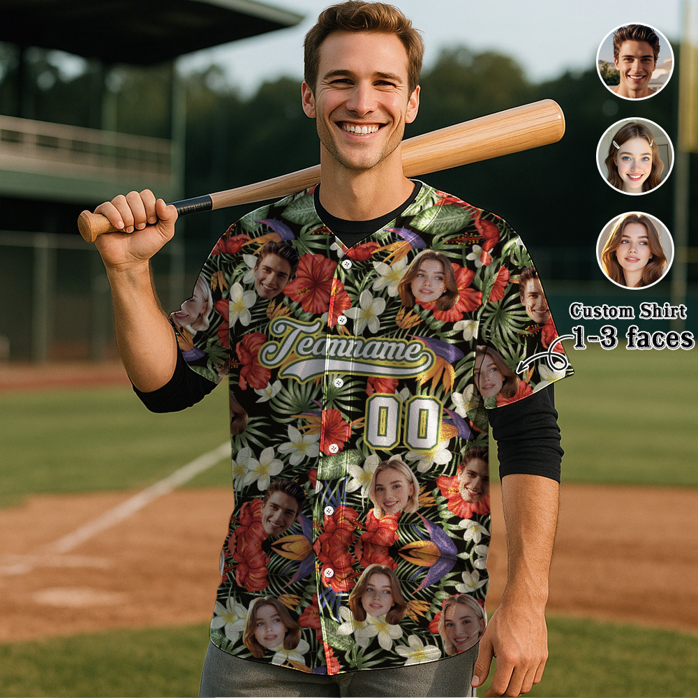 Custom Hawaiian Baseball Jersey with Face Teamname Name Number Personalized Hawaii Floral Shirt for Men Women - FaceBoxerUK