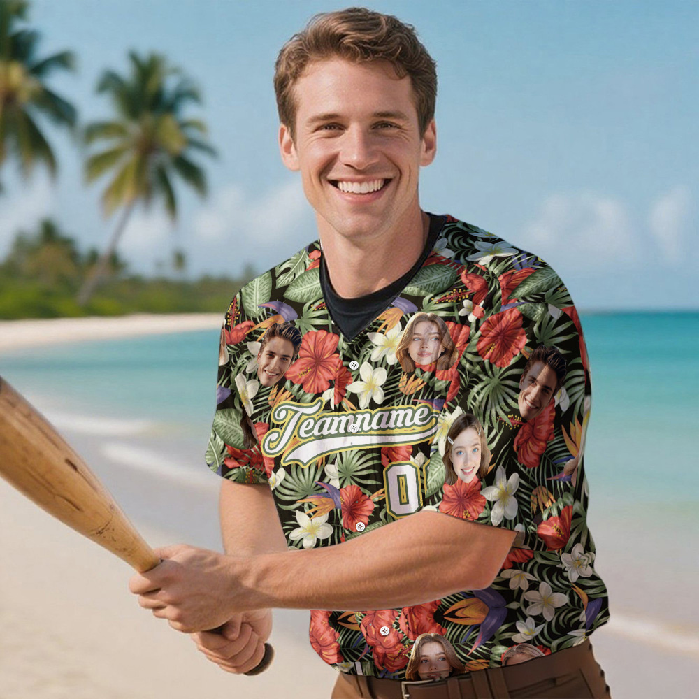 Custom Hawaiian Baseball Jersey with Face Teamname Name Number Personalized Hawaii Floral Shirt for Men Women - FaceBoxerUK
