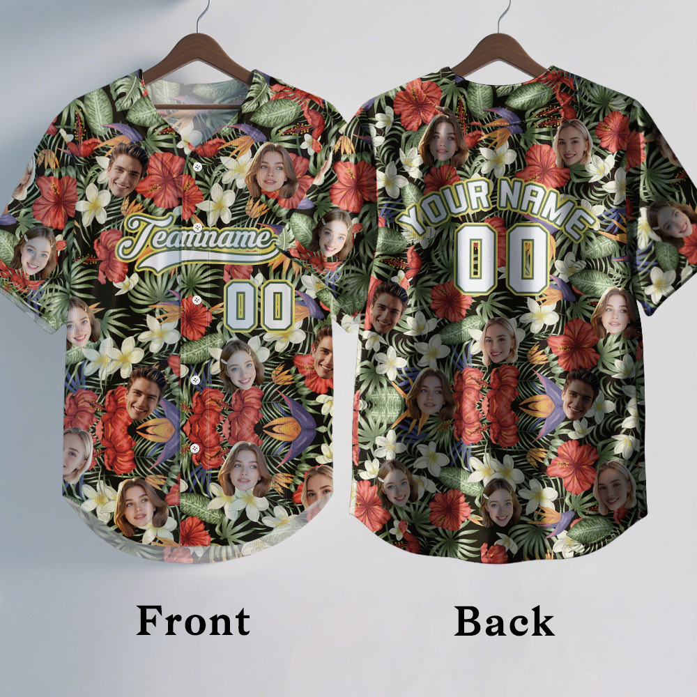 Custom Hawaiian Baseball Jersey with Face Teamname Name Number Personalized Hawaii Floral Shirt for Men Women - FaceBoxerUK
