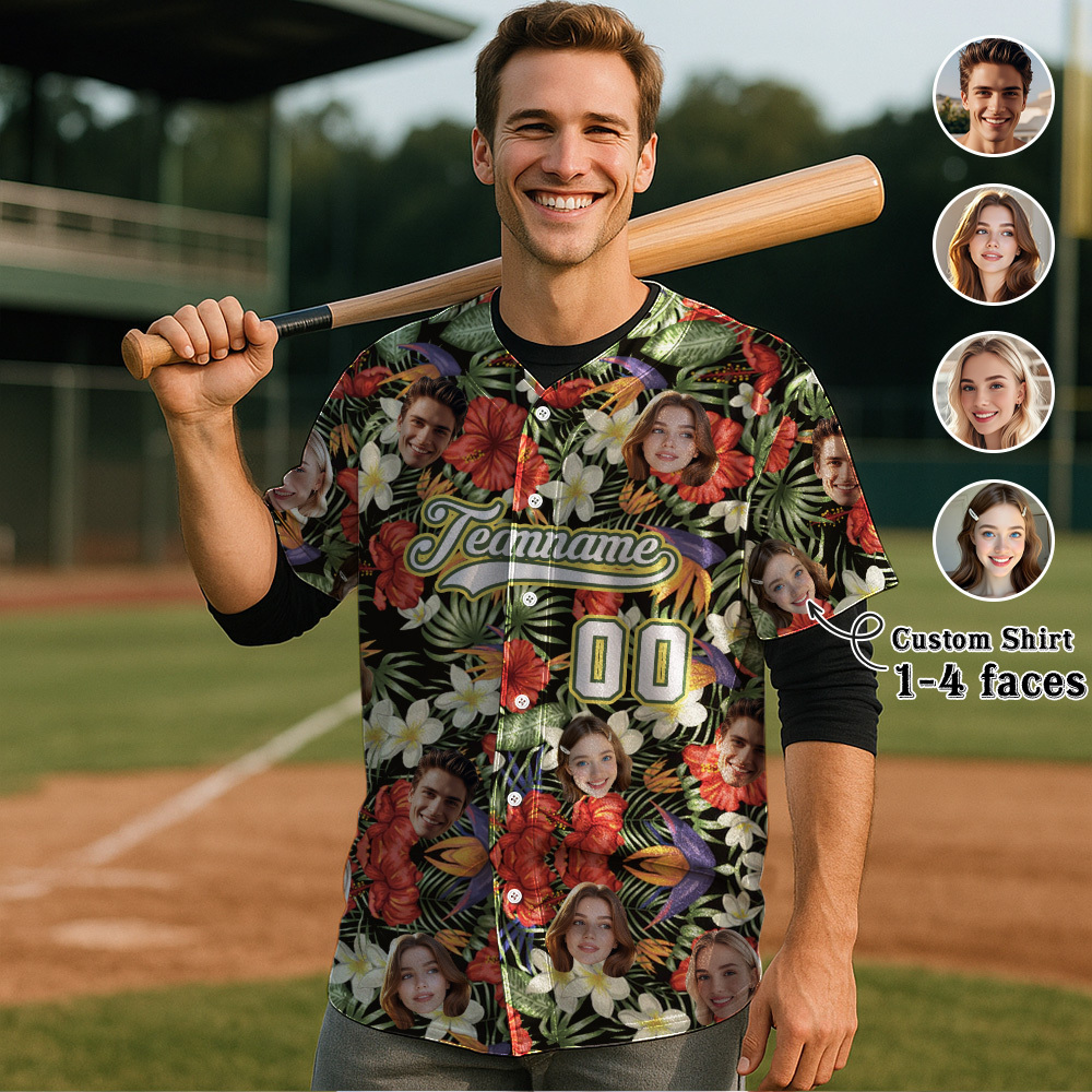 Custom Hawaiian Baseball Jersey with Face Teamname Name Number Personalized Hawaii Floral Shirt for Men Women - FaceBoxerUK