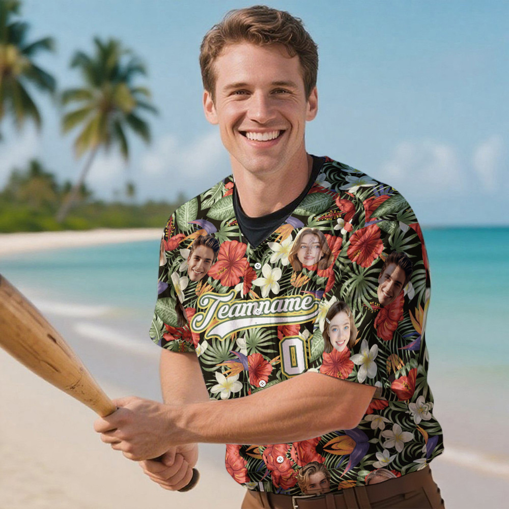 Custom Hawaiian Baseball Jersey with Face Teamname Name Number Personalized Hawaii Floral Shirt for Men Women - FaceBoxerUK