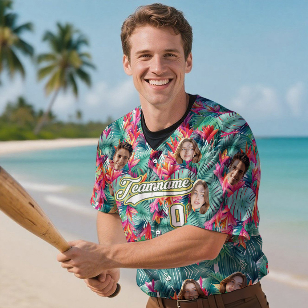 Custom Hawaiian Baseball Jersey with Face Teamname Name Number Personalized Hawaii Floral Shirt for Men Women - FaceBoxerUK