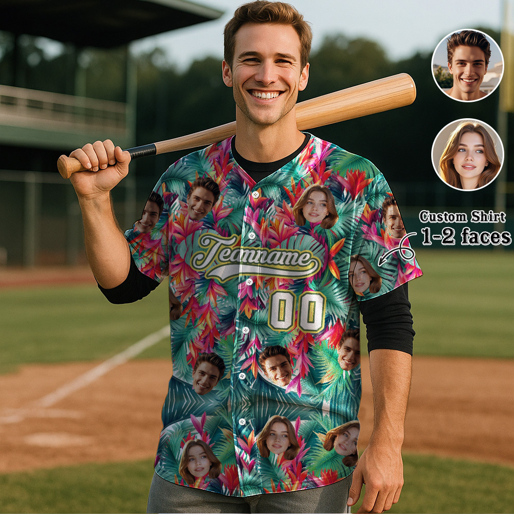Custom Hawaiian Baseball Jersey with Face Teamname Name Number Personalized Hawaii Floral Shirt for Men Women - FaceBoxerUK