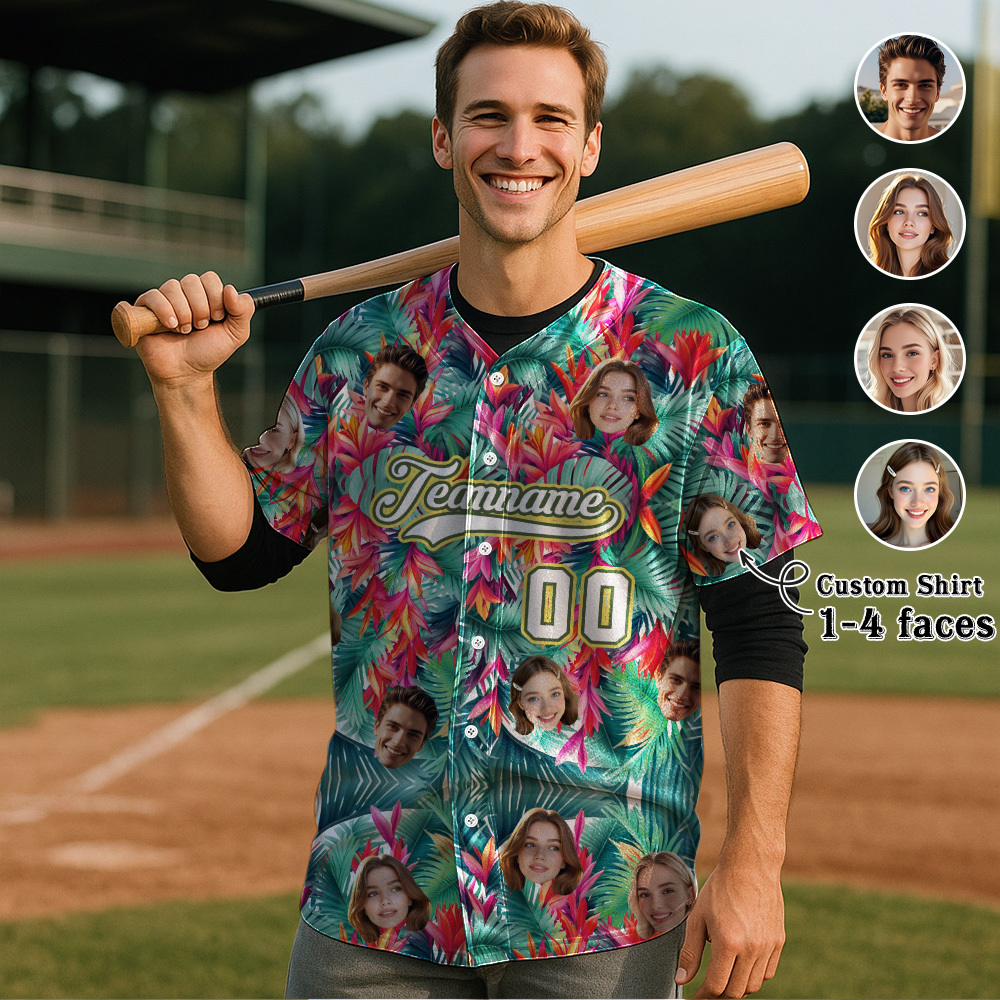 Custom Hawaiian Baseball Jersey with Face Teamname Name Number Personalized Hawaii Floral Shirt for Men Women - FaceBoxerUK