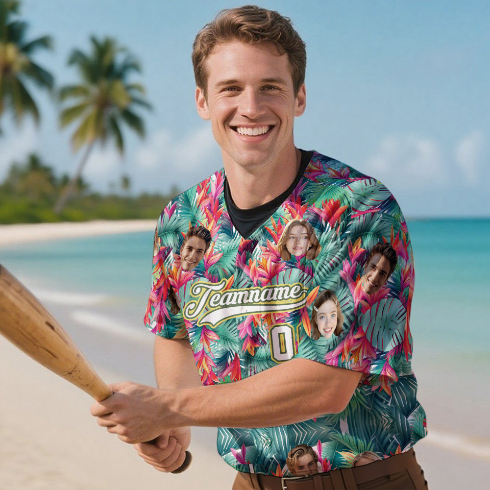 Custom Hawaiian Baseball Jersey with Face Teamname Name Number Personalized Hawaii Floral Shirt for Men Women - FaceBoxerUK