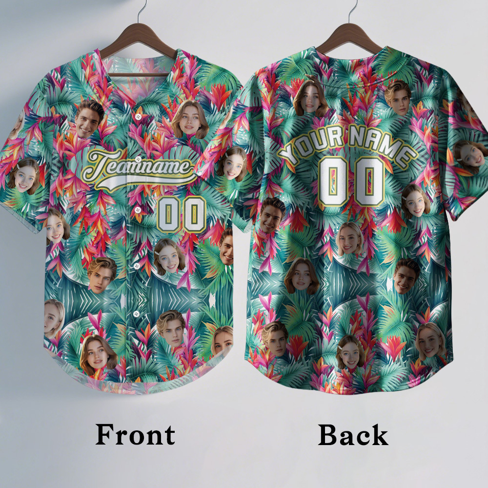 Custom Hawaiian Baseball Jersey with Face Teamname Name Number Personalized Hawaii Floral Shirt for Men Women - FaceBoxerUK