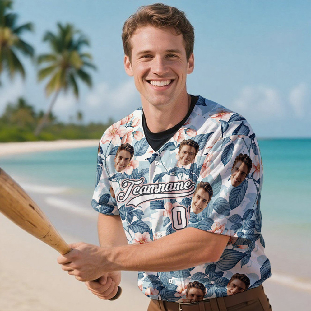 Custom Hawaiian Baseball Jersey with Face Teamname Name Number Personalized Hawaii Floral Shirt for Men Women - FaceBoxerUK