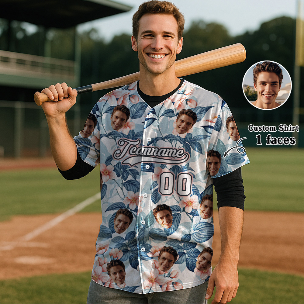 Custom Hawaiian Baseball Jersey with Face Teamname Name Number Personalized Hawaii Floral Shirt for Men Women - FaceBoxerUK